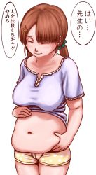 Rule 34 | 1girl, belly, blush, breasts, brown hair, closed eyes, fat, hair ornament, hairclip, highres, japanese text, kamisuki, love handles, medium breasts, navel, nightgown, nightgown lift, nipples, sagging breasts, shirt, shorts, solo, translation request, twintails