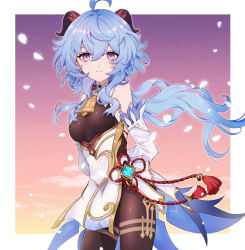 Rule 34 | 1girl, ahoge, arms behind back, bare shoulders, blue hair, bodysuit, border, breasts, brown bodysuit, chinese knot, commentary request, cowboy shot, detached sleeves, flower knot, ganyu (genshin impact), genshin impact, goat horns, gold trim, gradient sky, hair between eyes, highres, horns, large breasts, long hair, looking at viewer, outdoors, petals, purple eyes, red rope, rope, sidelocks, sky, smile, solo, sushi 171, twilight, vision (genshin impact), wavy hair, white sleeves