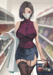 Rule 34 | 1girl, bare shoulders, basket, beer bottle, beer can, black eyes, black hair, blurry, blurry background, blush, breasts, can, chocolate almond, drink can, garter straps, groceries, holding, holding basket, holding clothes, kesoshirou, lab coat, lace, lace-trimmed legwear, lace trim, large breasts, looking at viewer, mask, mouth mask, original, pencil skirt, shirt, shopping, shopping basket, short hair, side slit, skirt, sleeveless, sleeveless shirt, solo, supermarket, sweat, thighhighs