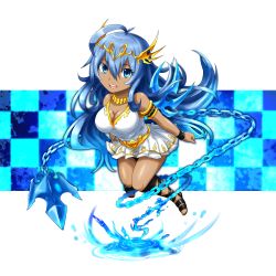 Rule 34 | 1girl, :d, ahoge, andromeda (p&amp;d), armlet, bad id, bad pixiv id, bare shoulders, belt, blue eyes, blue hair, bracelet, breasts, chain, cleavage, cross-laced footwear, dark-skinned female, dark skin, dress, full body, headpiece, highres, jewelry, knees together feet apart, legs together, long hair, lots of jewelry, matching hair/eyes, necklace, obi seiji, obiobinageki, open mouth, pleated dress, puzzle &amp; dragons, sleeveless, sleeveless dress, smile, solo, tiara, white background, white dress