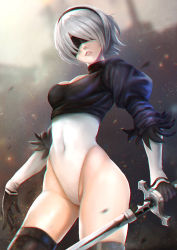 Rule 34 | 1girl, 2b (nier:automata), absurdres, ass, black blindfold, black gloves, black hairband, black thighhighs, blindfold, blurry, blurry background, breasts, chromatic aberration, cleavage, cleavage cutout, clothing cutout, commentary, covered eyes, covered navel, cowboy shot, crop top, curvy, day, embers, facing viewer, feather-trimmed sleeves, gloves, groin, hair over eyes, hairband, high collar, highleg, highleg leotard, highres, holding, holding sword, holding weapon, juliet sleeves, katana, large breasts, layered clothes, legs apart, leotard, lips, long sleeves, nevoangelo arm, nier:automata, nier (series), outdoors, parted lips, pink lips, puffy sleeves, shiny skin, short hair, silver hair, skindentation, standing, stitches, swept bangs, sword, thighhighs, thong leotard, virtuous contract, weapon, white leotard, wide hips