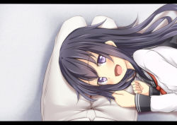 Rule 34 | 10s, 1girl, akatsuki (kancolle), black hair, blush, kantai collection, lap pillow, letterboxed, long hair, long sleeves, looking at viewer, lying on lap, open mouth, personification, purple eyes, school uniform, solo focus, tori (minamopa), very long hair