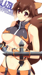 Rule 34 | 1girl, animal ears, antenna hair, arc system works, bare shoulders, blazblue, blazblue: continuum shift, breasts, brown eyes, brown hair, copyright name, elbow gloves, fingerless gloves, gloves, halterneck, halterneck, large breasts, makoto nanaya, miniskirt, navel, orange skirt, revealing clothes, short hair, skirt, solo, squirrel ears, squirrel tail, strapless, tail, tomi, tonfa, tube top, underboob, weapon