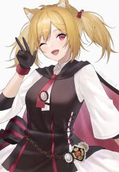 Rule 34 | 1girl, ;d, ahoge, animal ear fluff, animal ears, arknights, blonde hair, bow, hair bow, hand up, highres, looking at viewer, necktie, one eye closed, open mouth, red bow, red eyes, red necktie, shirt, short hair, simple background, smile, solo, sora (arknights), suiua, twintails, upper body, w, white background, white shirt