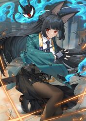 Rule 34 | 1girl, animal ears, aqua jacket, black footwear, black gloves, black hair, black necktie, black pantyhose, black skirt, blue fire, breasts, bright pupils, closed mouth, commentary request, fingerless gloves, fire, fox ears, gloves, highres, holding, holding sword, holding weapon, hoshimi miyabi, jacket, katana, large breasts, linreplica, long hair, looking at viewer, necktie, on one knee, pantyhose, red eyes, ricocheting, scabbard, sheath, shirt, side slit, sidelocks, single fingerless glove, skirt, solo, sword, very long hair, weapon, white pupils, white shirt, zenless zone zero