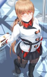 Rule 34 | 1girl, belt, black belt, black bow, black footwear, black gloves, black skirt, boots, bow, breasts, brown eyes, brown hair, brown thighhighs, case, gloves, hair between eyes, hair bow, hair ornament, hairclip, highres, jacket, kantai collection, large breasts, long hair, looking at viewer, low twintails, pantyhose, red shirt, sabakuomoto, shirt, skirt, solo, star (symbol), tashkent (kancolle), thigh boots, thighhighs, twintails, white jacket