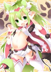 Rule 34 | 1girl, :d, animal ear fluff, animal ears, arm up, azur lane, bell, blush, breasts, claw pose, commentary request, egasumi, eyebrows hidden by hair, fang, fuuna thise, green eyes, green hair, hair bell, hair between eyes, hair ornament, hand up, isokaze (azur lane), isokaze (new year&#039;s campaign) (azur lane), jewelry, jingle bell, long hair, magatama, magatama necklace, navel, necklace, open mouth, pleated skirt, short sleeves, skirt, small breasts, smile, solo, stomach, tail, thick eyebrows, thighhighs, very long hair, white skirt, white thighhighs, wide sleeves