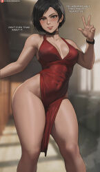 Rule 34 | 1girl, ada wong, black hair, blurry, blurry background, breasts, brown choker, choker, cleavage, commentary, commentary request, dress, english text, grey eyes, highres, lips, looking at viewer, medium breasts, parted lips, patreon username, pelvic curtain, red dress, resident evil, resident evil 4, resident evil 4 (remake), shexyo, short hair, sleeveless, sleeveless dress, smile, solo, standing, thighs, w