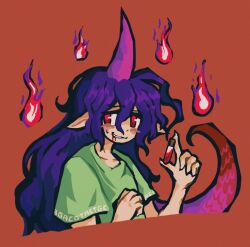 Rule 34 | blood, blood from mouth, blood vial, blush, film grain, green shirt, gzpxllztt, hair between eyes, highres, hitodama, holding, holding vial, horns, lizard tail, long hair, pink horns, pointy ears, purple hair, red background, red eyes, shirt, short sleeves, simple background, single horn, smile, solo, sweat, tail, tenkajin chiyari, touhou, vial