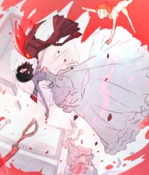 10s bouquet bra bridal_veil dai_(mebae16) dress falling flower kill_la_kill living_clothes mankanshoku_mako matoi_ryuuko panties scissor_blade_(kill_la_kill) senketsu spoilers underwear underwear_only veil wedding_dress white_dress