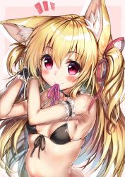 Rule 34 | 1girl, adjusting hair, akabane (zebrasmise), animal ears, armband, bikini, black bikini, black choker, blonde hair, blush, breasts, cat ears, choker, closed mouth, commentary request, front-tie bikini top, front-tie top, hair ribbon, holding, long hair, looking at viewer, mouth hold, navel, notice lines, original, red eyes, red ribbon, renoa (akabane), ribbon, small breasts, smile, solo, standing, swimsuit, upper body, wristband