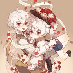 Rule 34 | 2boys, aged down, angel, angel wings, ascot, bacheally, black socks, blush, bouquet, brown background, brown footwear, child, collared shirt, fang, flower, full body, halo, highres, hug, leaning on person, lehreni (merc storia), long sleeves, looking at viewer, male focus, merc storia, mini wings, multiple boys, open mouth, pale skin, petals, red eyes, red flower, red rose, rose, sailor collar, shirt, shoe soles, short hair, short shorts, shorts, sitting, sitting on person, skin fang, sleeveless, sleeveless jacket, smile, socks, vampire, vest, white flower, white hair, white rose, white shirt, white socks, white wings, wings