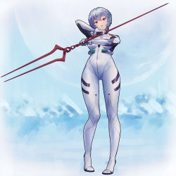 Rule 34 | 1girl, ayanami rei, bident, blue hair, bmo art, bodysuit, breasts, commentary, full body, hair between eyes, heel up, holding, holding weapon, interface headset, lance, lance of longinus (evangelion), looking at viewer, looking down, medium breasts, neon genesis evangelion, parted lips, pilot suit, plugsuit, polearm, red eyes, short hair, solo, standing, thigh gap, tiptoes, two-handed, weapon, white bodysuit