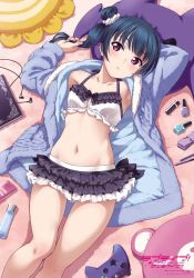 Rule 34 | 1girl, armpits, artist request, bed, bed sheet, black bow, blue hair, book, bow, collarbone, controller, copyright notice, cosmetics, cowboy shot, earbuds, earphones, from above, game controller, hair bun, halterneck, highres, holding, holding own hair, indoors, inou shin, lipstick tube, long hair, looking at viewer, love live!, love live! school idol festival, love live! sunshine!!, lying, makeup, midriff, miniskirt, nail polish, official art, on back, open clothes, open robe, pillow, playing with own hair, purple eyes, robe, side bun, single side bun, skirt, solo, thighs, tsushima yoshiko