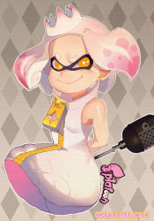Rule 34 | 1girl, bare shoulders, commentary, copyright name, crown, dress, earrings, emma noorman, highres, inkling player character, jewelry, mask, microphone, multicolored hair, nintendo, pearl (splatoon), pink hair, popped collar, sleeveless, sleeveless dress, smile, solo, tentacle hair, thick eyebrows, twitter username, two-tone hair, white hair, yellow eyes