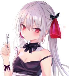 Rule 34 | 1girl, absurdres, bad id, bad pixiv id, black bow, black bowtie, black tank top, bow, bowtie, breasts, chinese commentary, cleavage, commentary request, grey hair, hair between eyes, hair ornament, highres, holding, holding key, key, long hair, looking at viewer, lshiki, original, revision, simple background, solo, tank top, twintails, white background