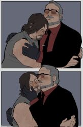 Rule 34 | 2boys, bara, beard, blush, brown hair, cheek press, corrupted twitter file, couple, deadman (death stranding), death stranding, elinapires (lewalrus), facial hair, fat, fat man, glasses, goatee, grey hair, happy, highres, hug, kiss, kissing cheek, looking at another, male focus, mature male, multiple boys, mustache, old school swimsuit, pectorals, sam (death stranding), school swimsuit, shirt, short hair, sleeveless, sleeveless shirt, sunglasses, swimsuit, thick eyebrows, thick mustache, upper body, yaoi