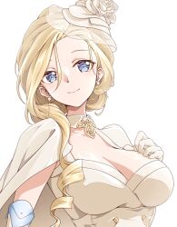 Rule 34 | 1girl, absurdres, azur lane, blonde hair, blue eyes, breasts, cleavage, closed mouth, dress, drill hair, earrings, gloves, hand on own chest, highres, hood (azur lane), hood (dawnlight&#039;s dame) (azur lane), jewelry, large breasts, long hair, looking at viewer, madakov kodima, official alternate costume, simple background, smile, solo, upper body, white background, white dress, white gloves, white headwear