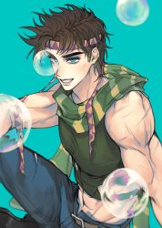 Rule 34 | 1boy, abs, bare shoulders, battle tendency, blue eyes, brown hair, bubble, crop top, denim, fingerless gloves, gloves, green scarf, grin, headband, highres, jeans, jojo no kimyou na bouken, joseph joestar, joseph joestar (young), male focus, midriff, multicolored clothes, multicolored scarf, pants, ranch jjba, scarf, sitting, smile, solo, striped clothes, striped scarf, vertical-striped clothes, vertical-striped scarf, yellow scarf