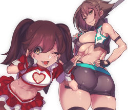 Rule 34 | 10s, 2girls, ;d, ass, back, bad id, bad pixiv id, bent over, black gloves, black legwear, blue nails, breasts, brown eyes, brown hair, cleavage cutout, clothing cutout, fingerless gloves, gloves, hand on own hip, heart, heart cutout, highres, hohehohe, kantai collection, large breasts, looking at viewer, looking back, midriff, miniskirt, multiple girls, mutsu (kancolle), nail polish, navel, one eye closed, open mouth, parted lips, race queen, ryuujou (kancolle), sideboob, simple background, skirt, smile, teeth, thighhighs, twintails, white background