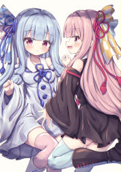 Rule 34 | 2girls, :d, :o, absurdres, bare shoulders, black dress, black footwear, black sleeves, blue dress, blue hair, blue ribbon, blue sleeves, blue thighhighs, blush, boots, breasts, collared dress, commentary request, detached sleeves, dress, fang, grey background, hair ribbon, highres, holding hands, interlocked fingers, kotonoha akane, kotonoha aoi, long hair, long sleeves, medium breasts, multiple girls, open mouth, parted lips, pink hair, pink legwear, pleated dress, profile, red eyes, red ribbon, ribbon, siblings, sideways mouth, simple background, sisters, sleeveless, sleeveless dress, smile, standing, standing on one leg, thighhighs, thighhighs under boots, twins, very long hair, voiceroid, waste (arkaura), white footwear, wide sleeves