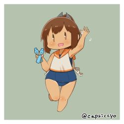 Rule 34 | 10s, 1girl, barefoot, bottle, brown eyes, brown hair, capriccyo, chibi, i-401 (kancolle), kantai collection, one-piece swimsuit, one-piece tan, open mouth, ponytail, ramune, sailor collar, school swimsuit, short ponytail, solo, swimsuit, swimsuit under clothes, tan, tanline