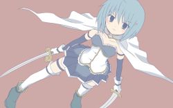 Rule 34 | 10s, 1girl, bad id, bad pixiv id, blue hair, dual wielding, holding, looking at viewer, magical girl, mahou shoujo madoka magica, mahou shoujo madoka magica (anime), miki sayaka, quro, quro (black river), short hair, simple background, skirt, solo, sword, weapon