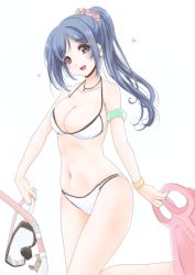 Rule 34 | 10s, 1girl, :d, armband, bangle, bikini, blue hair, bracelet, breasts, covered erect nipples, diving mask, flippers, frapowa, goggles, hair ornament, hairpin, halterneck, heart, holding, jewelry, long hair, looking at viewer, love live!, love live! sunshine!!, matsuura kanan, multi-strapped bikini bottom, navel, necklace, open mouth, ponytail, purple eyes, scrunchie, smile, snorkel, solo, swimsuit, wristband
