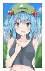 Rule 34 | 1girl, black tank top, blue eyes, blue hair, blurry, blurry background, border, breasts, flat cap, green hat, hair bobbles, hair ornament, hat, highres, kawashiro nitori, looking at viewer, medium breasts, navel, nono54558, one-hour drawing challenge, open mouth, outdoors, solo, sweat, tank top, touhou, two side up, upper body