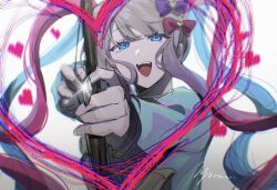 Rule 34 | 1girl, aiming, aiming at viewer, aramm, blonde hair, blue eyes, blue hair, blue shirt, bow, bow (weapon), chouzetsusaikawa tenshi-chan, hair bow, heart, highres, holding, holding bow (weapon), holding weapon, long hair, long sleeves, looking at viewer, multicolored hair, needy girl overdose, open mouth, pink bow, pink hair, purple bow, quad tails, shirt, smile, solo, teeth, twintails, upper body, very long hair, weapon