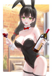 Rule 34 | 1girl, animal ears, bare shoulders, black hair, black leotard, blurry, blurry background, blush, bottle, bow, bowtie, breasts, cleavage, collarbone, commentary request, cowboy shot, detached collar, hair between eyes, hair bow, highleg, highleg leotard, highres, kfr, large breasts, leotard, looking at viewer, mole, mole under eye, open mouth, original, outside border, photo background, playboy bunny, rabbit ears, red bow, red bowtie, red wine, smile, solo, standing, strapless, strapless leotard, thigh strap, thighs, traditional bowtie, window blinds, wine bottle
