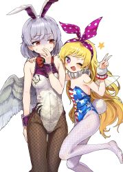 Rule 34 | 2girls, adapted costume, animal ears, black pantyhose, blonde hair, blush, breasts, clownpiece, fairy, fairy wings, fake animal ears, fake tail, feathered wings, flat chest, grey hair, grey wings, highres, howhow notei, kishin sagume, leotard, long hair, looking at viewer, looking down, medium breasts, multiple girls, one eye closed, open mouth, pantyhose, pink eyes, rabbit ears, rabbit tail, red eyes, shaded face, short hair, simple background, single wing, smile, star-shaped pupils, star (symbol), star print, strapless, strapless leotard, sweatdrop, symbol-shaped pupils, tail, touhou, v, white background, white leotard, white pantyhose, wings, wrist cuffs