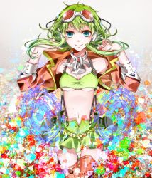 Rule 34 | 1girl, boots, breasts, cleavage, goggles, goggles on head, green eyes, green hair, gumi, headphones, highres, jacket, looking at viewer, matching hair/eyes, gumi (v3 megpoid), midriff, navel, nou (nounknown), red-tinted eyewear, short hair, skirt, small breasts, smile, solo, suspenders, thigh boots, thighhighs, tinted eyewear, vocaloid, zettai ryouiki