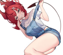Rule 34 | 1girl, absurdres, blue archive, blue eyes, blue overalls, breasts, collarbone, demon horns, demon tail, grin, hair ornament, hairclip, halo, highres, horns, large breasts, looking at viewer, megu (blue archive), overalls, red hair, red halo, shirt, short shorts, shorts, simple background, smile, solo, tail, white background, white shirt, ziro (zirorong)