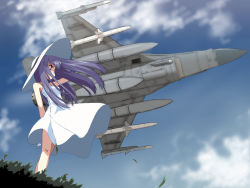 Rule 34 | 1girl, aircraft, airplane, arm behind back, arm behind head, cloud, day, dress, f-16, fighter jet, hand on headwear, hat, jet, long hair, military, military vehicle, original, purple hair, sky, solo, standing, sun hat, sundress, vehicle focus, white dress, wind, yamano sachi