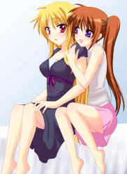 Rule 34 | 00s, 2girls, :o, barefoot, bed, bed sheet, black dress, blonde hair, blush, breasts, casual, cleavage, dress, fate testarossa, hug, hug from behind, large breasts, long hair, looking to the side, lyrical nanoha, mahou shoujo lyrical nanoha, mahou shoujo lyrical nanoha strikers, multiple girls, on bed, open mouth, parted lips, puffy short sleeves, puffy sleeves, saki chisuzu, short sleeves, side ponytail, sitting, surprised, takamachi nanoha, thighs, toes, very long hair, yuri