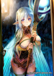 Rule 34 | 1girl, breasts, candle, cleavage, commentary, covered erect nipples, cowboy shot, door, dot nose, elf, fairy, fairy wings, fingernails, forehead, forest, frilled skirt, frills, grey hair, hair between eyes, hair ornament, highres, holding, holding staff, kiryuu takahisa, lamppost, large breasts, long hair, nature, official art, open mouth, original, outdoors, parted lips, pointy ears, purple eyes, rain, shiny skin, skirt, solo, staff, summon soul battle, thighhighs, wet, wet clothes, wings
