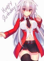Rule 34 | 1girl, absurdres, belt, belt buckle, black belt, black necktie, black skirt, black thighhighs, blush, breasts, buckle, closed mouth, collared shirt, commentary request, grey background, grey hair, hair between eyes, hand up, happy birthday, highres, jacket, large breasts, long hair, long sleeves, looking at viewer, murasame shia, navel, necktie, open clothes, open jacket, original, pleated skirt, red eyes, red jacket, shadow, shirt, short necktie, simple background, skirt, sleeves past wrists, smile, solo, thighhighs, very long hair, white shirt