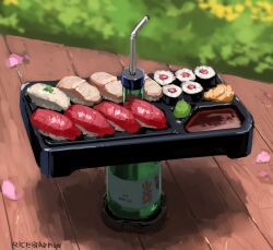 Rule 34 | absurdres, alcohol, artist name, blurry, bottle, cherry blossoms, depth of field, fish (food), food, food focus, highres, hozumi sousei, no humans, nori (seaweed), original, petals, salmon, sashimi, shadow, sushi, wasabi