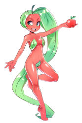 Rule 34 | 1girl, absurdly long hair, apple, bob cut, breasts, colored skin, food, fruit, full body, green eyes, green hair, highres, leaf, leaf bikini, long hair, maebari, maniacpaint, matching hair/eyes, monster girl, no nose, open mouth, original, pasties, personification, plant girl, red skin, sketch, smile, solo, very long hair, wearing plant