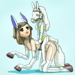 Rule 34 | 2girls, age difference, animal ears, bdsm, brown eyes, brown hair, collar, cosplay, costume, dachaku, fake animal ears, fake tail, flat chest, hooves, horse, kigurumi, kneeling, mask, multiple girls, open mouth, pet play, horse girl, pony play, riding, tail