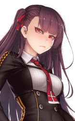 Rule 34 | 1girl, blunt bangs, blush, braid, breasts, buttons, closed mouth, collared shirt, covered navel, french braid, girls&#039; frontline, gloves, hair between eyes, hair over shoulder, hair ribbon, half updo, highres, jacket, large breasts, long hair, looking at viewer, necktie, one side up, pantyhose, purple hair, red eyes, red necktie, ribbon, ryu un, shirt, sidelocks, simple background, sitting, skirt, solo, standing, strap, thighband pantyhose, thighs, tsundere, tsurime, underbust, very long hair, wa2000 (girls&#039; frontline), white background, white shirt