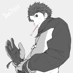 Rule 34 | 1boy, dated, food, grey background, greyscale, jacket, kizuna striker!, kune (kune kune project), looking at viewer, male focus, monochrome, mouth hold, pocky, pocky day, shimosaka hayato, simple background, spot color, upper body, whistle