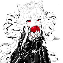 Rule 34 | 1girl, ahoge, animal ears, apple, blush, chinese commentary, commentary request, dated, death note, eating, ejami, ekko (ejami), food, fox ears, fox girl, fruit, long hair, looking at viewer, original, red eyes, shinigami, signature, simple background, solo, very long hair, white background