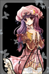 Rule 34 | 1girl, :o, bad id, bad pixiv id, blush, book, cowboy shot, crescent, dress, female focus, grimoire, hands on own chest, hat, holding, holding book, long hair, long sleeves, mob cap, parted lips, patchouli knowledge, purple dress, purple eyes, purple hair, rabishia, sidelocks, solo, standing, striped, touhou, vertical stripes, very long hair