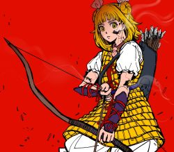 Rule 34 | 1girl, arm guards, armor, armored dress, arrow (projectile), blunt bangs, bow (weapon), breaking, commentary request, cowboy shot, crack, cracked skin, damaged, drawing bow, dress, empty eyes, expressionless, frilled sleeves, frills, haniwa (statue), highres, holding, holding arrow, holding bow (weapon), holding weapon, joutouguu mayumi, korean commentary, kuya (hey36253625), looking at viewer, mixed-language commentary, outstretched arm, parted lips, puffy short sleeves, puffy sleeves, quiver, red background, red ribbon, ribbon, shards, shatter, shirt, short sleeves, shorts, sidelocks, simple background, smoke, solo, touhou, upper body, weapon, white shirt, white shorts, yellow dress