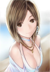Rule 34 | 1girl, bad id, bad pixiv id, bare shoulders, bikini, blurry, blurry background, breasts, brown eyes, brown hair, choker, cleavage, close-up, closed mouth, collarbone, earrings, glint, head tilt, jewelry, looking at viewer, love plus, medium breasts, nannacy7, necklace, off shoulder, open clothes, open shirt, revision, shirt, short hair, smile, solo, swimsuit, takane manaka, upper body, white bikini, white shirt