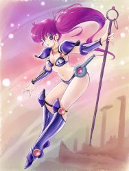 Rule 34 | 1980s (style), 1girl, armor, asagiri youko, bikini armor, boots, commentary request, earrings, genmu senki leda, greaves, highres, jewelry, knee boots, long hair, navel, oldschool, open mouth, partial commentary, pauldrons, purple eyes, purple hair, retro artstyle, shoulder armor, side ponytail, solo, staff, tamanegiinyo, vambraces