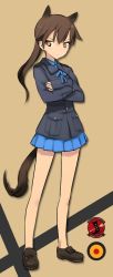 Rule 34 | 1girl, angela salas larrazabal, animal ears, brown eyes, brown hair, ponytail, serious, skirt, solo, strike witches, tail, world witches series