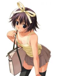 Rule 34 | 1girl, bag, black thighhighs, blue eyes, blush, bow, breasts, camisole, cleavage, dolphin, downblouse, flat chest, grin, hair ribbon, hashimoto takashi, leaning forward, miniskirt, one-piece tan, pleated skirt, purple hair, ribbon, short hair, skirt, small breasts, smile, solo, tan, tanline, thighhighs, wallpaper, zettai ryouiki